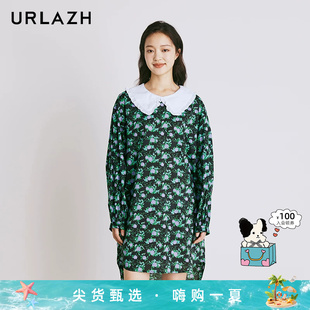 URLAZH有兰新款纯棉黑色法式气质复古风碎花长袖娃娃领连衣裙女