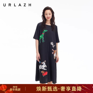 连衣裙 黑宠物家族趣味手绘印花桑蚕丝轻薄短袖 URLAZH有兰夏季 新款