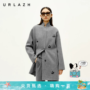 URLAZH有兰冬季新款冰川灰樱桃绣花宽松纯羊毛呢外套呢子大衣女