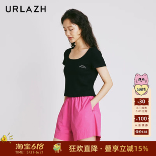 URLAZH有兰夏季新款简约百搭短款修身休闲字母印花U型领短袖T恤女