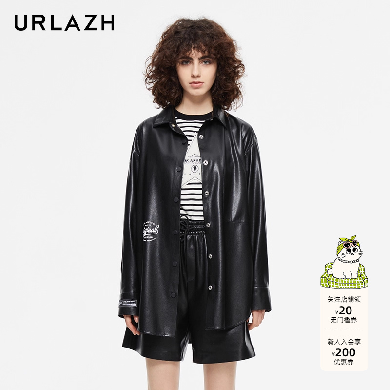 URLAZH有兰新款洋气黑色复古宽松时尚帅气长袖印花外套女