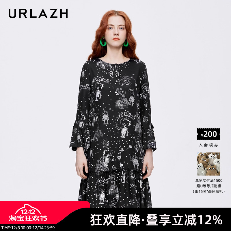 夏季宽松黑色长袖连衣裙