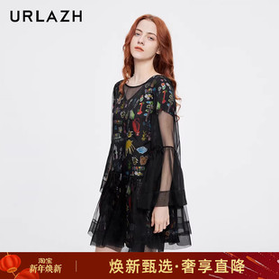 URLAZH有兰新款 连衣裙女 复古百搭洋气黑色两件套娃娃裙桑蚕丝长袖