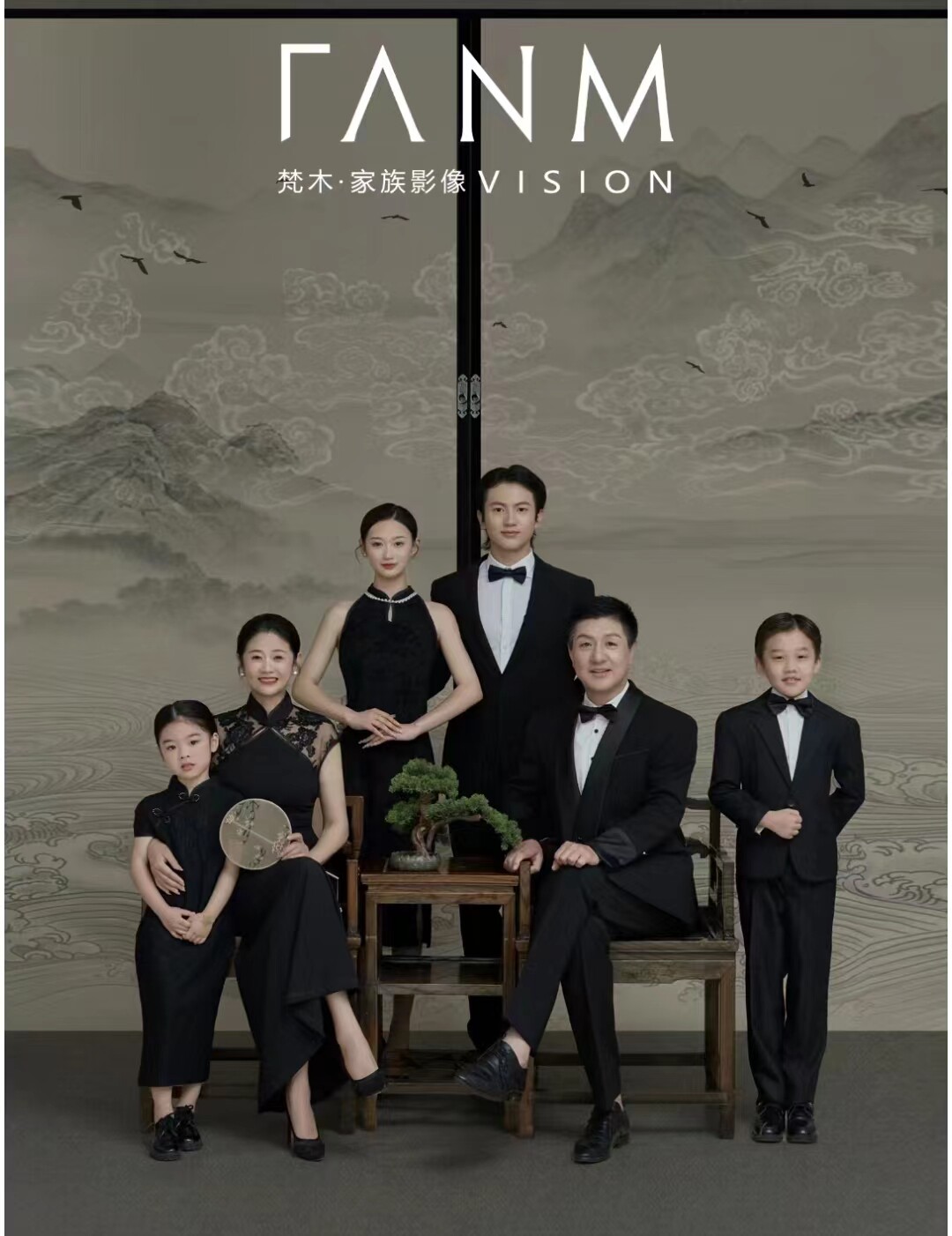 工笔山水全家福背景加厚无缝帆布