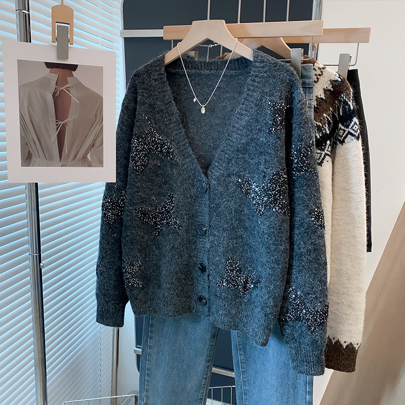 亮片羊毛v领针织开衫毛衣外套潮