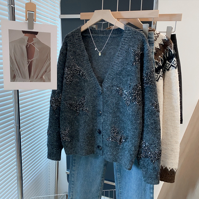 亮片羊毛v领针织开衫毛衣外套潮
