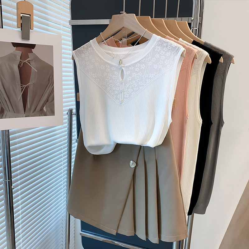 冰丝钉珠针织背心女蕾丝无袖t恤