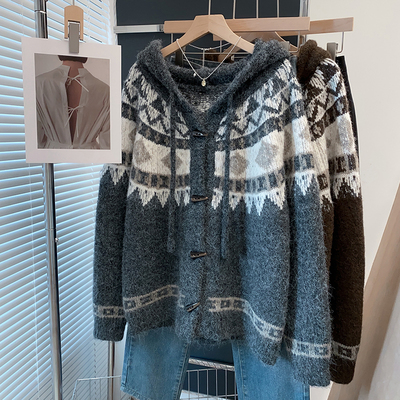 羊毛连帽中长款毛衣外套针织开衫