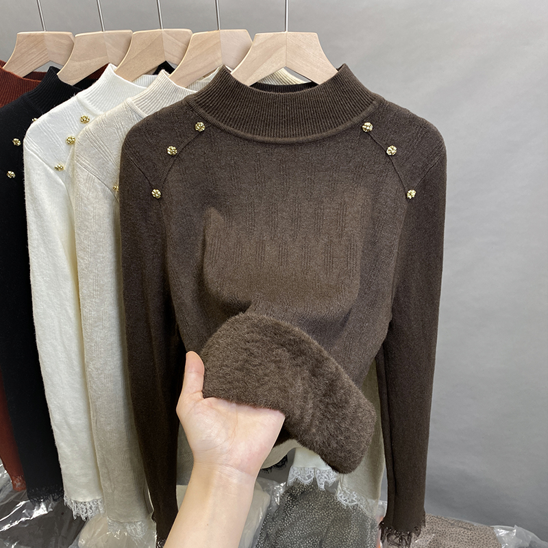 一体绒半高领毛衣女蕾丝打底衫潮