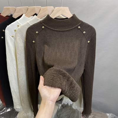 一体绒半高领毛衣女蕾丝打底衫潮