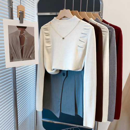 亮丝抽褶半高领毛衣女打底衫