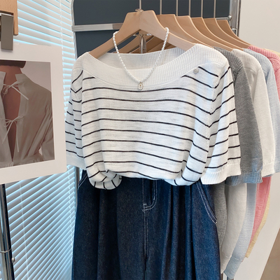 一字领条纹针织衫女薄短袖T恤潮