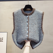 外穿马夹毛衣坎肩潮 马甲背心女2025秋冬新款 短款 条纹圆领针织开衫