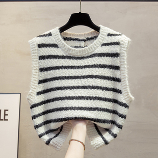 花纱后背开叉圆领条纹针织马甲背心女2025秋冬新款马夹短毛衣坎肩