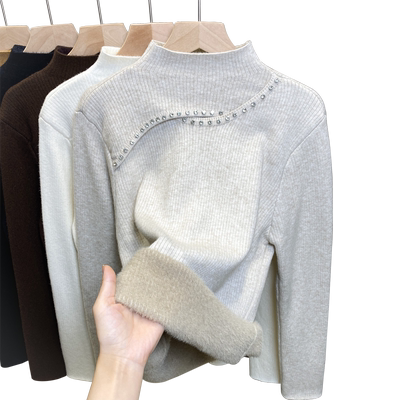 一体绒半高领毛衣钉珠加绒打底衫
