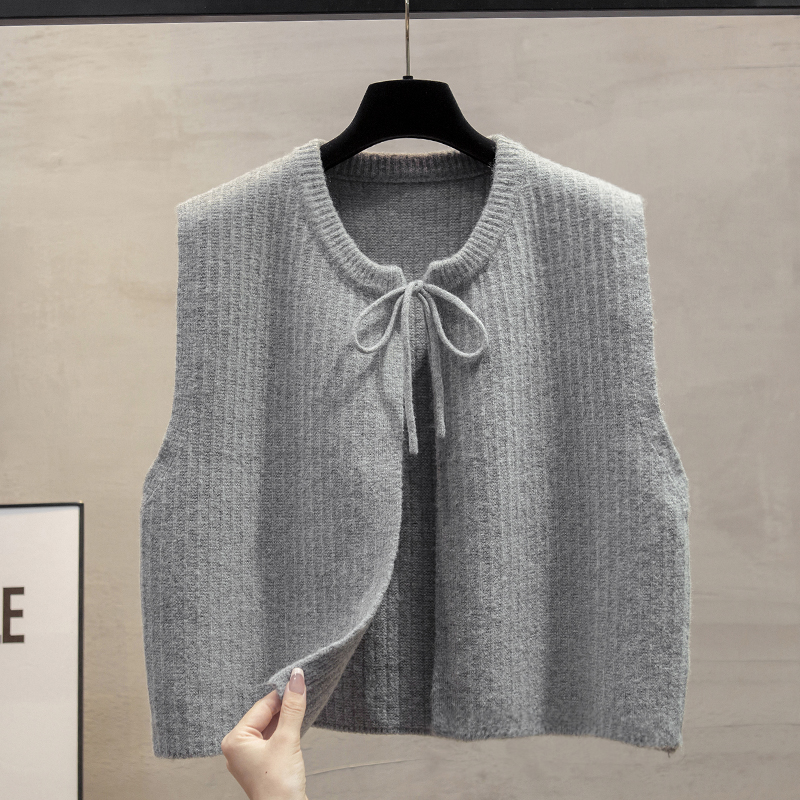 系带开衫针织马甲背心女毛衣坎肩