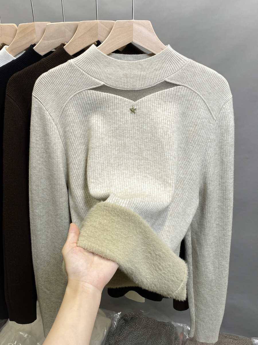 连体天鹅绒蕾丝半高领针织女式羊毛衬里厚底衬衫2024秋冬新款针织