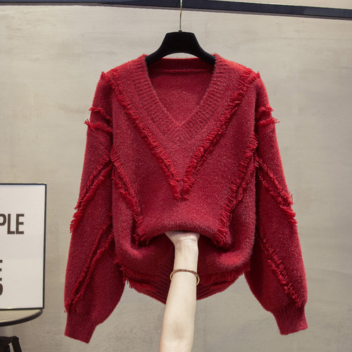 水貂绒v领毛衣女流苏针织衫上衣