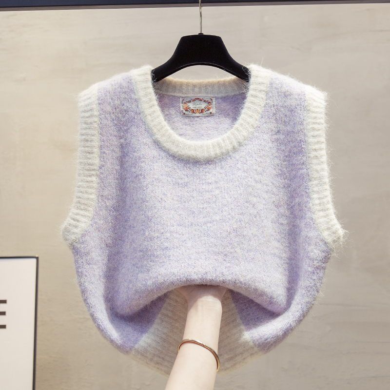 羊毛拼色圆领针织马甲女毛衣坎肩