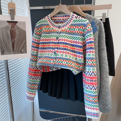 圆领针织开衫短款外穿毛衣外套潮