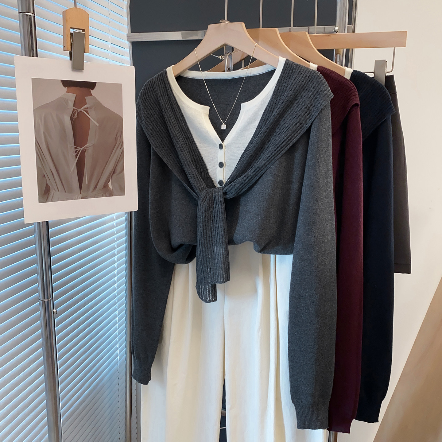 羊毛披肩v领毛衣假两件女打底衫