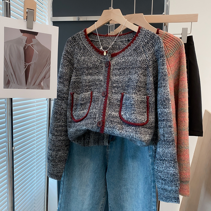 花纱圆领针织开衫慵懒风毛衣外套