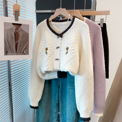 羊毛手工花毛衣外套厚宽松开衫潮