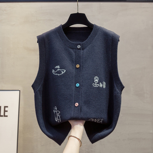 绣花圆领开衫针织马甲背心女2025秋新款宽松外穿马夹叠穿毛衣坎肩