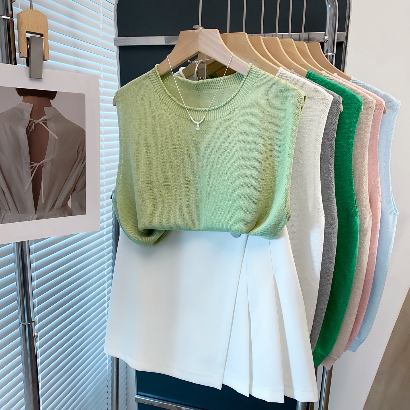 珍珠麻针织衫女背心薄无袖T恤衫