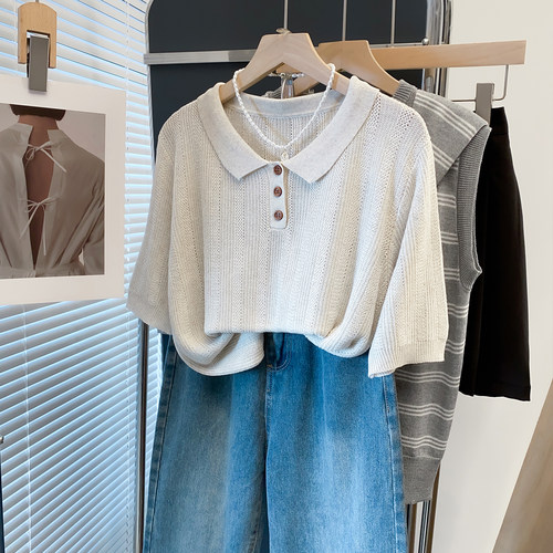 天丝亚麻polo领针织衫女短袖T恤