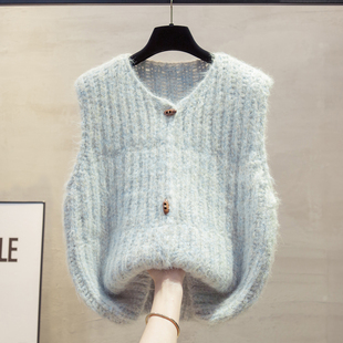 粗针圆领花纱开衫针织马甲背心女2025秋冬新款宽松马夹毛衣坎肩潮