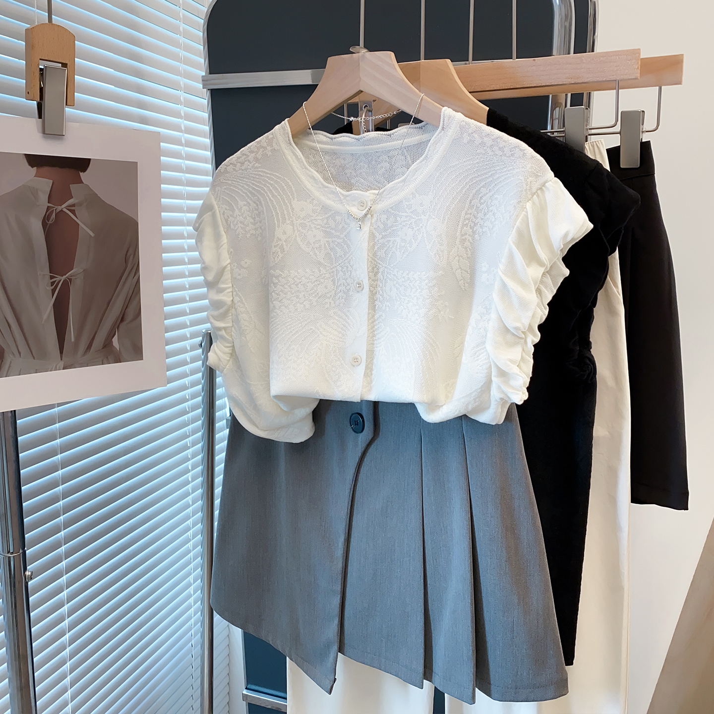 天丝褶皱飞飞袖针织开衫短袖T恤