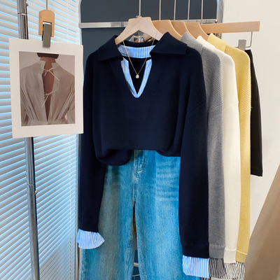 方领衬衫假两件针织衫打底毛衣潮