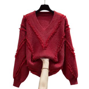 v领流苏毛衣女套头2025秋冬新款水貂绒针织衫加厚打底衫内搭上衣