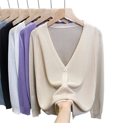 镂空冰丝针织开衫薄款v领空调衫