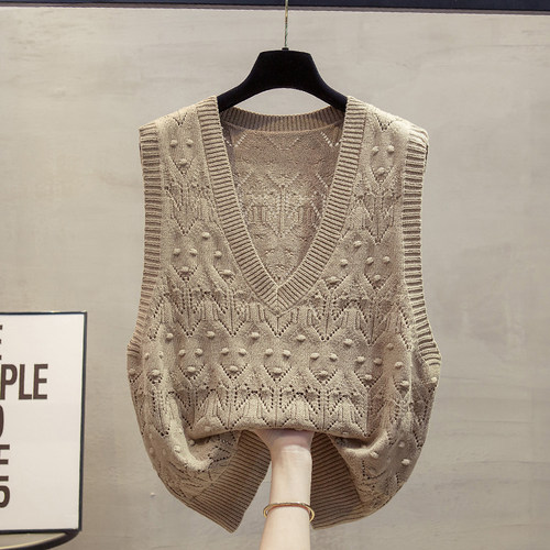棉麻风v领针织马甲镂空毛衣坎肩