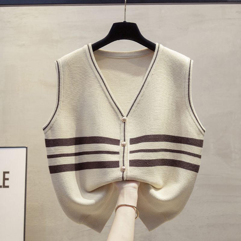 条纹开衫v领针织马甲女毛衣坎肩