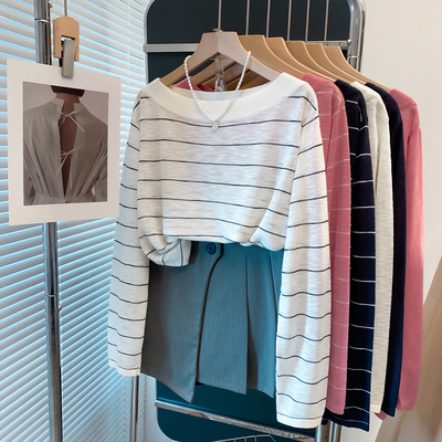 条纹一字领针织衫女宽松薄上衣潮