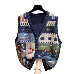 v领针织开衫马甲背心女2025秋冬新款宽松外穿马夹涂鸦毛衣坎肩