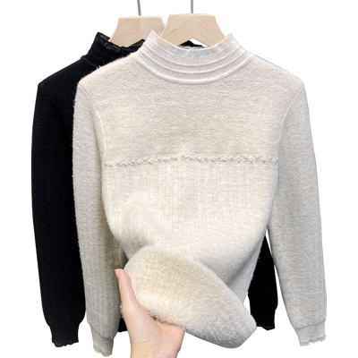 加绒半高领毛衣一体绒钉珠打底衫