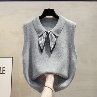 丝巾polo领针织马甲背心女2025秋冬新款宽松外穿马夹叠穿毛衣坎肩