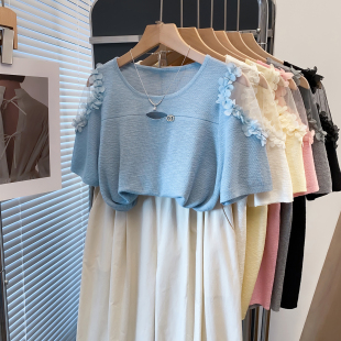 t恤衫 镂空蕾丝圆领露肩针织衫 宽松上衣薄洋气短袖 新款 女2026夏装