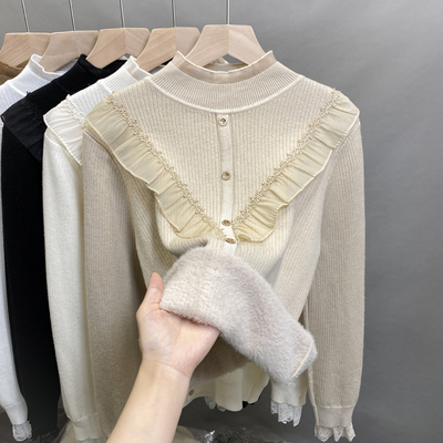 一体绒半高领毛衣蕾丝加绒打底衫