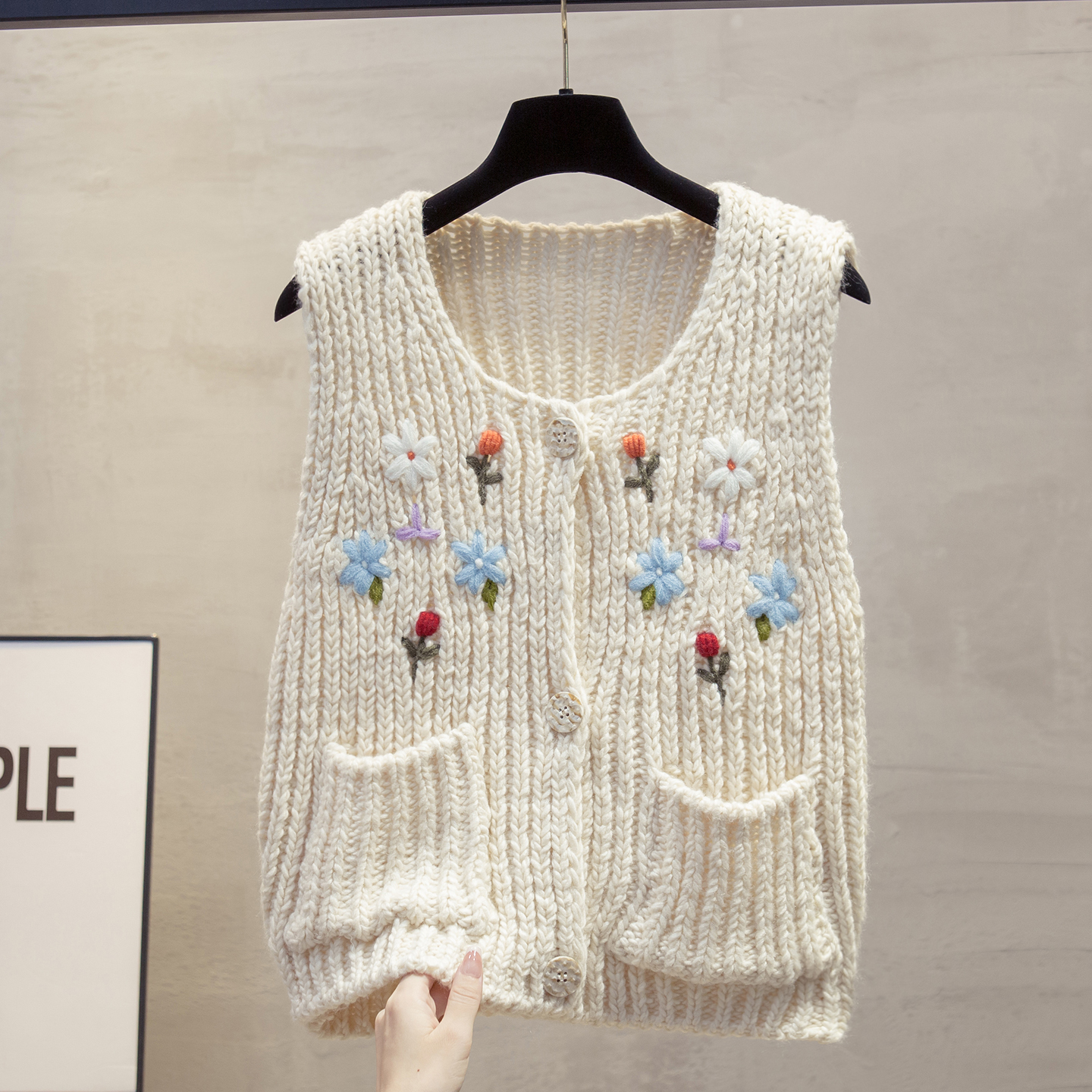 手工花粗针开衫针织马甲毛衣坎肩