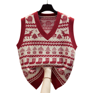 红色v领针织马甲背心女2025秋冬新款宽松外穿马夹叠穿毛衣坎肩潮