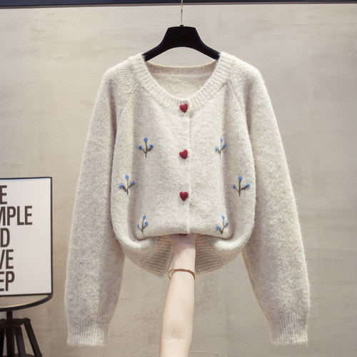 手工花羊毛毛衣外套圆领针织开衫