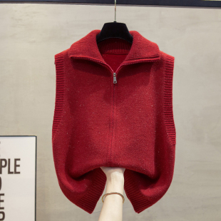 亮丝高领拉链针织开衫 外穿马夹毛衣坎肩潮 马甲背心女2025秋冬新款