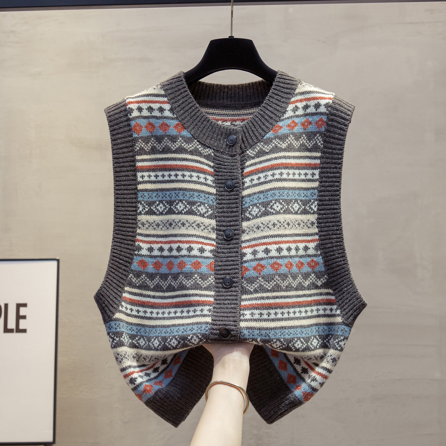 羊毛条纹开衫针织马甲女毛衣坎肩