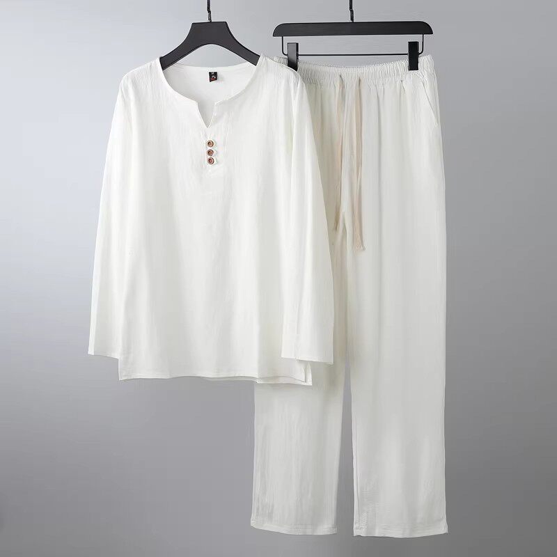 棉麻男装长袖亚麻套装加肥大码爸爸中老年运动套装男夏薄棉布衣服