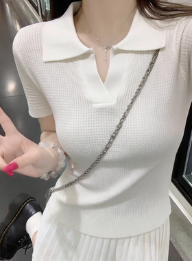 春夏新款韩版简约白色polo领针织衫女简约款短袖修身百搭显瘦上衣